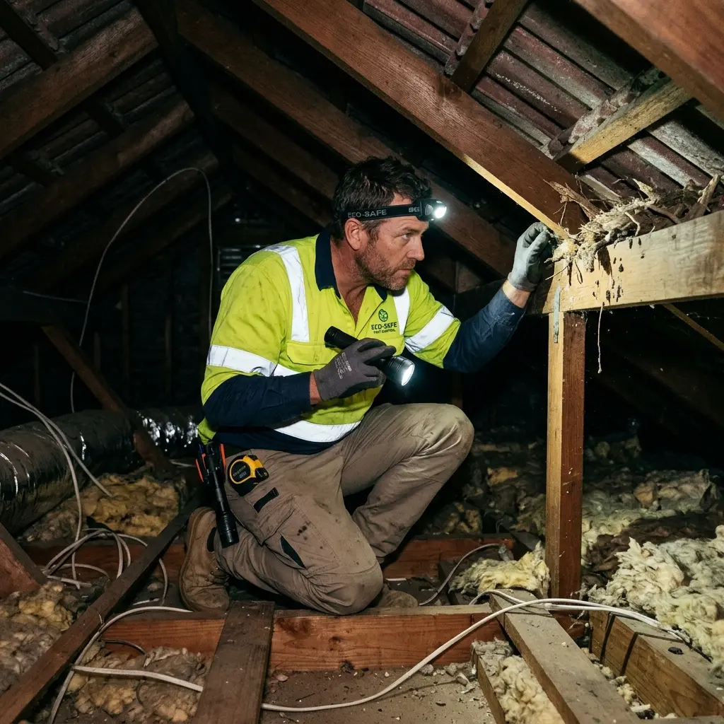 Technician inspecting a Kensington roof cavity for a dead possum